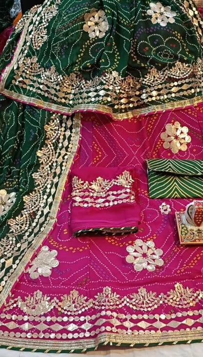 Chunari Print Lehenga Set with Dupatta & Free Purse – Moss Fabric Bandhej Lehenga with Gotta Patti Work