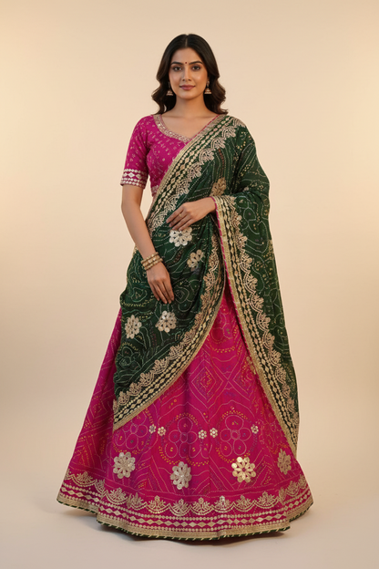 Chunari Print Lehenga Set with Dupatta & Free Purse – Moss Fabric Bandhej Lehenga with Gotta Patti Work