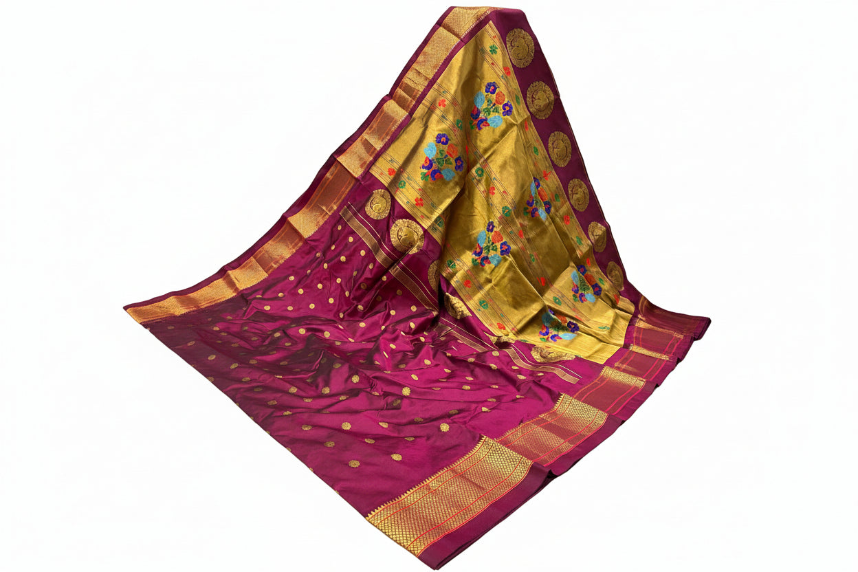 Pure Silk Handwoven Paithani Saree – Kalanjali All Over Butta with Contrast Blouse