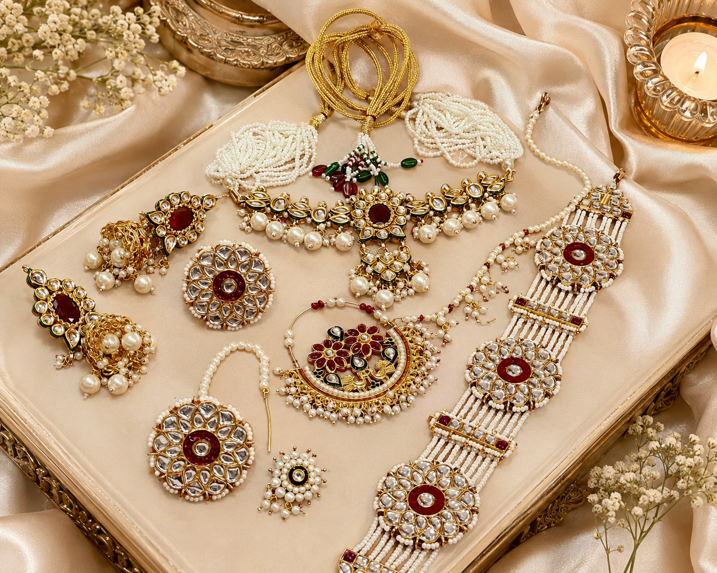 Kundan Bridal Jewelry Set with Red Stone – Rajwadi Pearl Poshak Full Wedding Collection