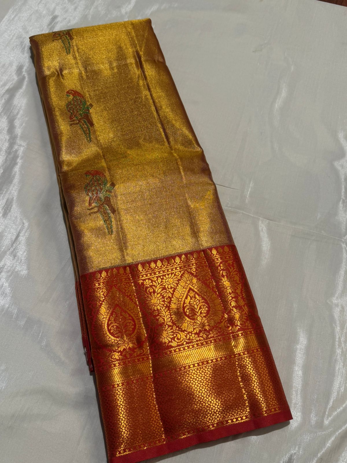 Semi Kanchipuram Tissue Silk Saree with Golden Work & Big Border | Elegant Wedding & Festive Wear Saree