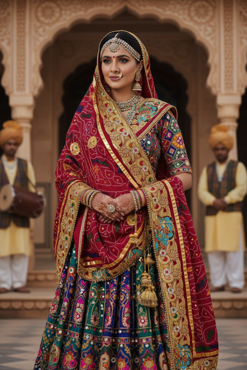 Luxury Marwadi Bandhej Chunri Pomcha with Zardozi Work | Kolkata Handcrafted Georgette Odhna