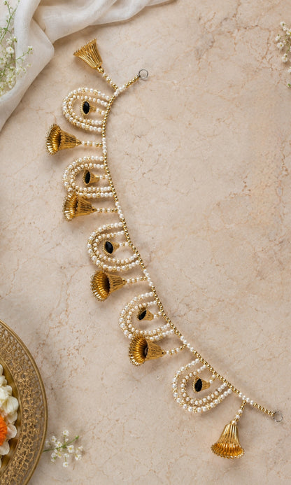 Moti /Pearl white &golden designer Ghanti/Bell  Bandarwal/Toran  37*inch