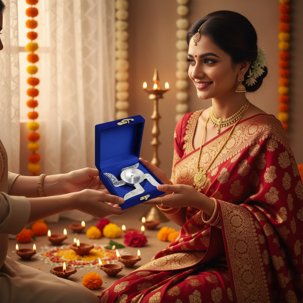 Silver Swastik Diya with Velvet Gift Box | Festive Gift Pack of 6