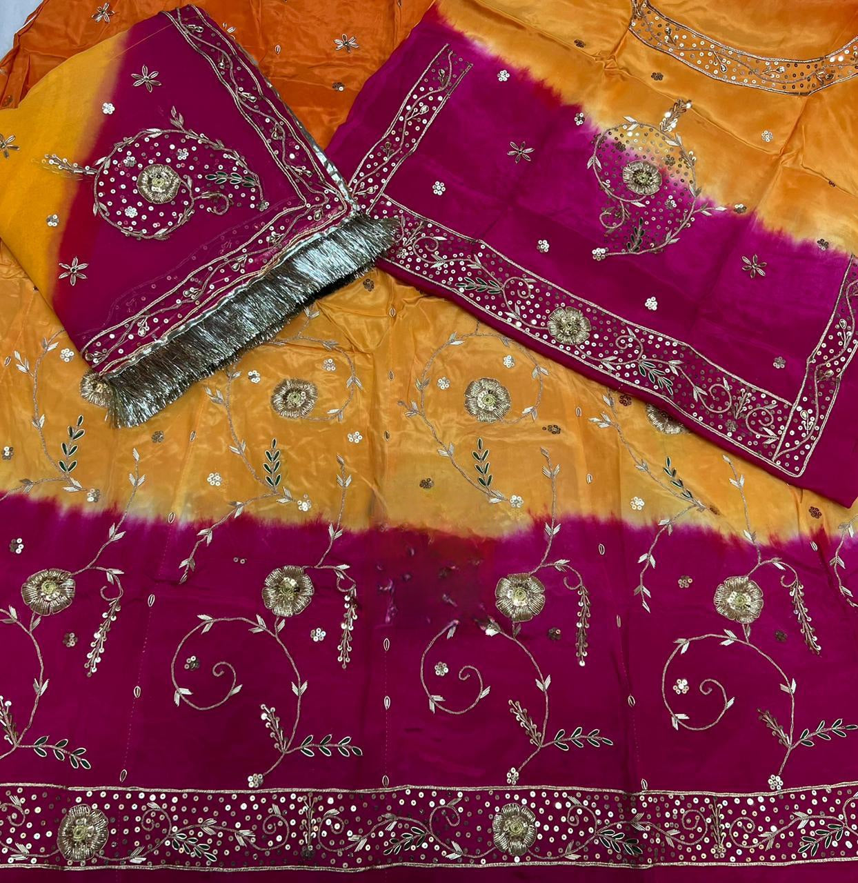 Designer 3-Shade Rajasthani Poshak in Natural Fabric – Zardozi, Dabka & Full Hand Aari Work