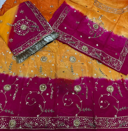 Designer 3-Shade Rajasthani Poshak in Natural Fabric – Zardozi, Dabka & Full Hand Aari Work