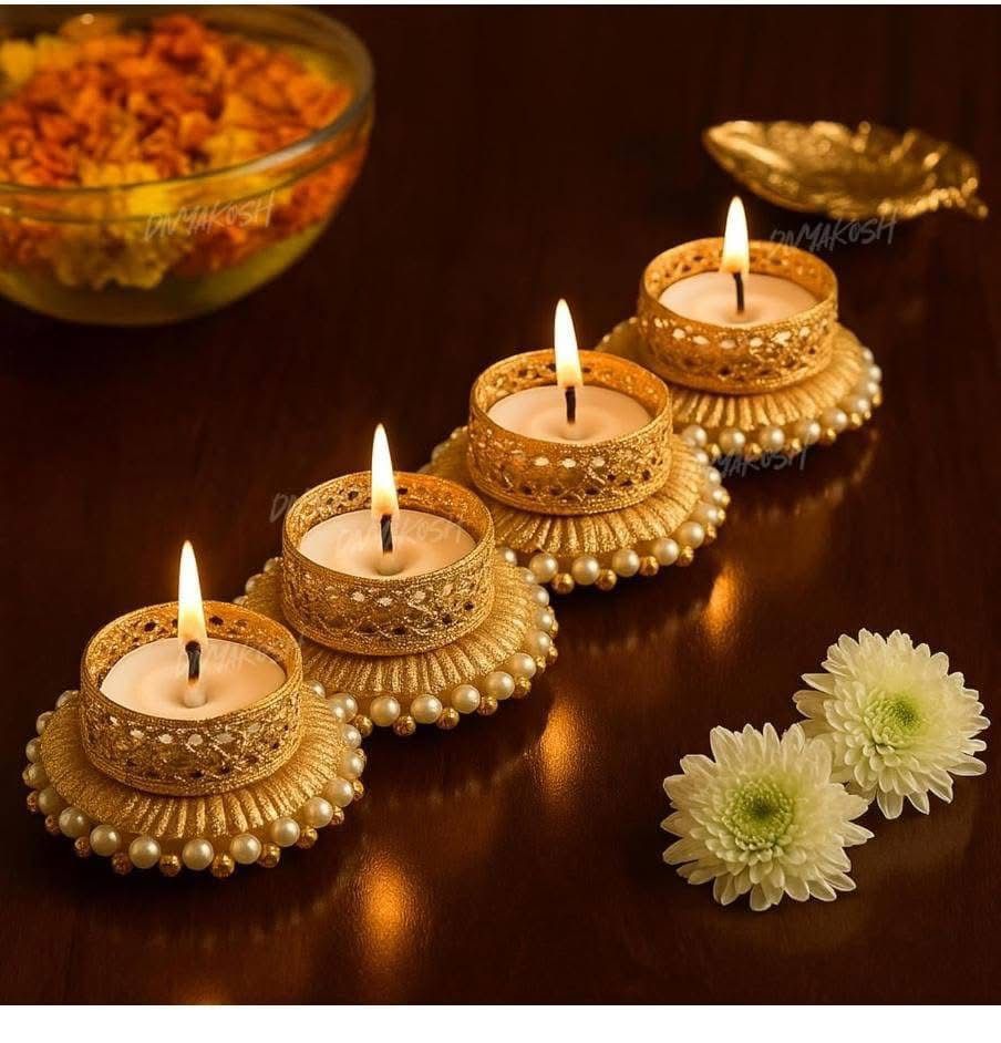 Metal base beautiful handcrafted diya with t light pack of 10