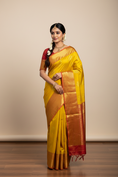 Yellow Red Pure Kanchipuram Silk Saree with Golden Tree Design – Silk Mark Certified