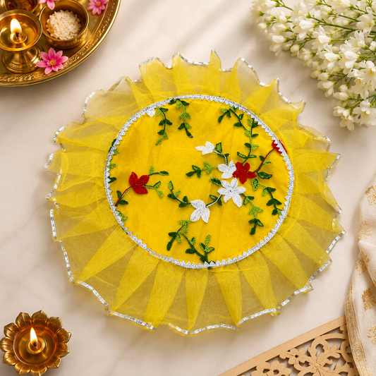 Hand Embroidered Designer Thalposh (20 Inch Round) | Decorative Puja Thali Cover for Festive Decor, Wedding & Gifting