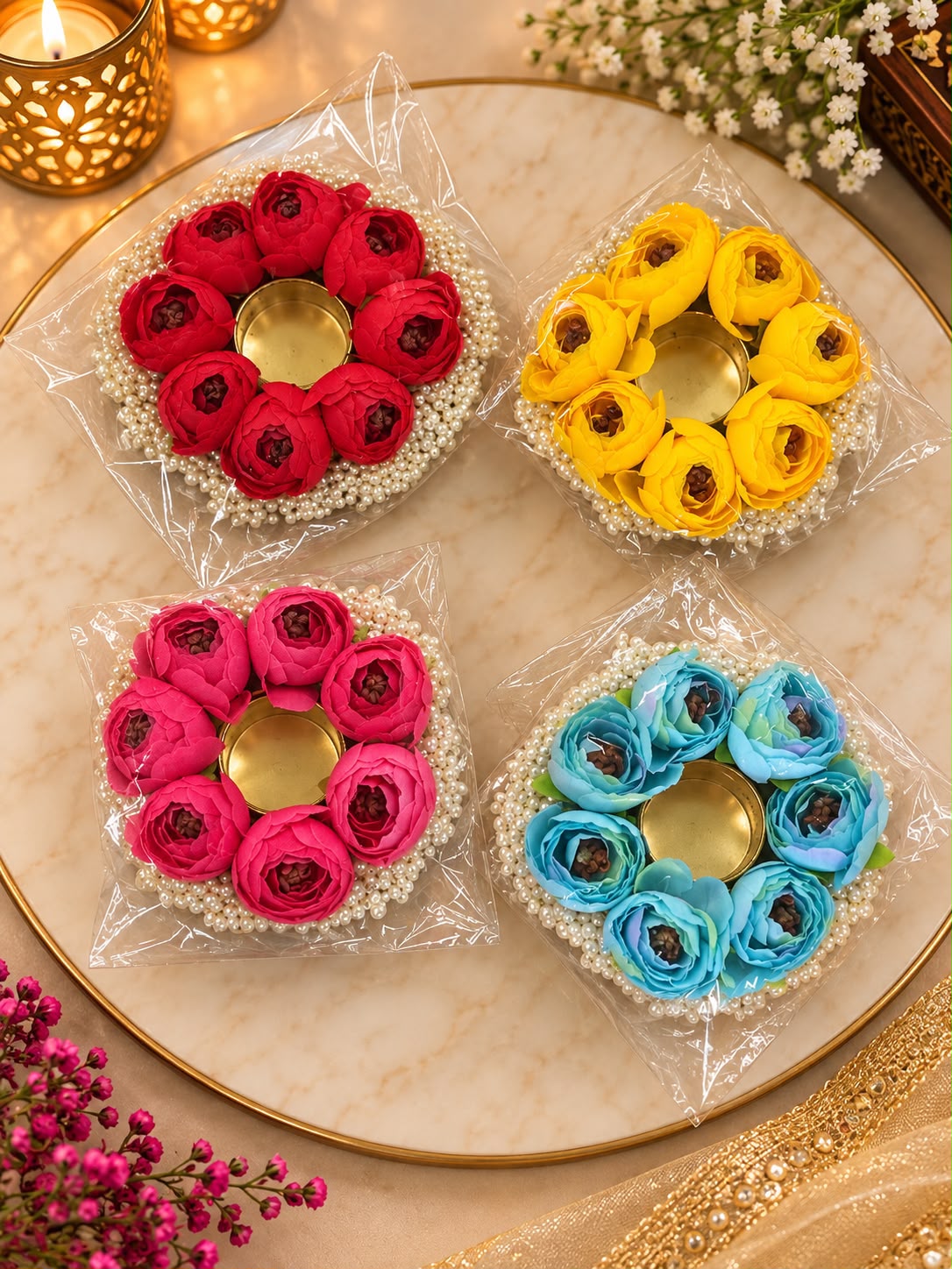 Floral Pearl Design Heavy Tealight holder pack of( 2 Tealight)