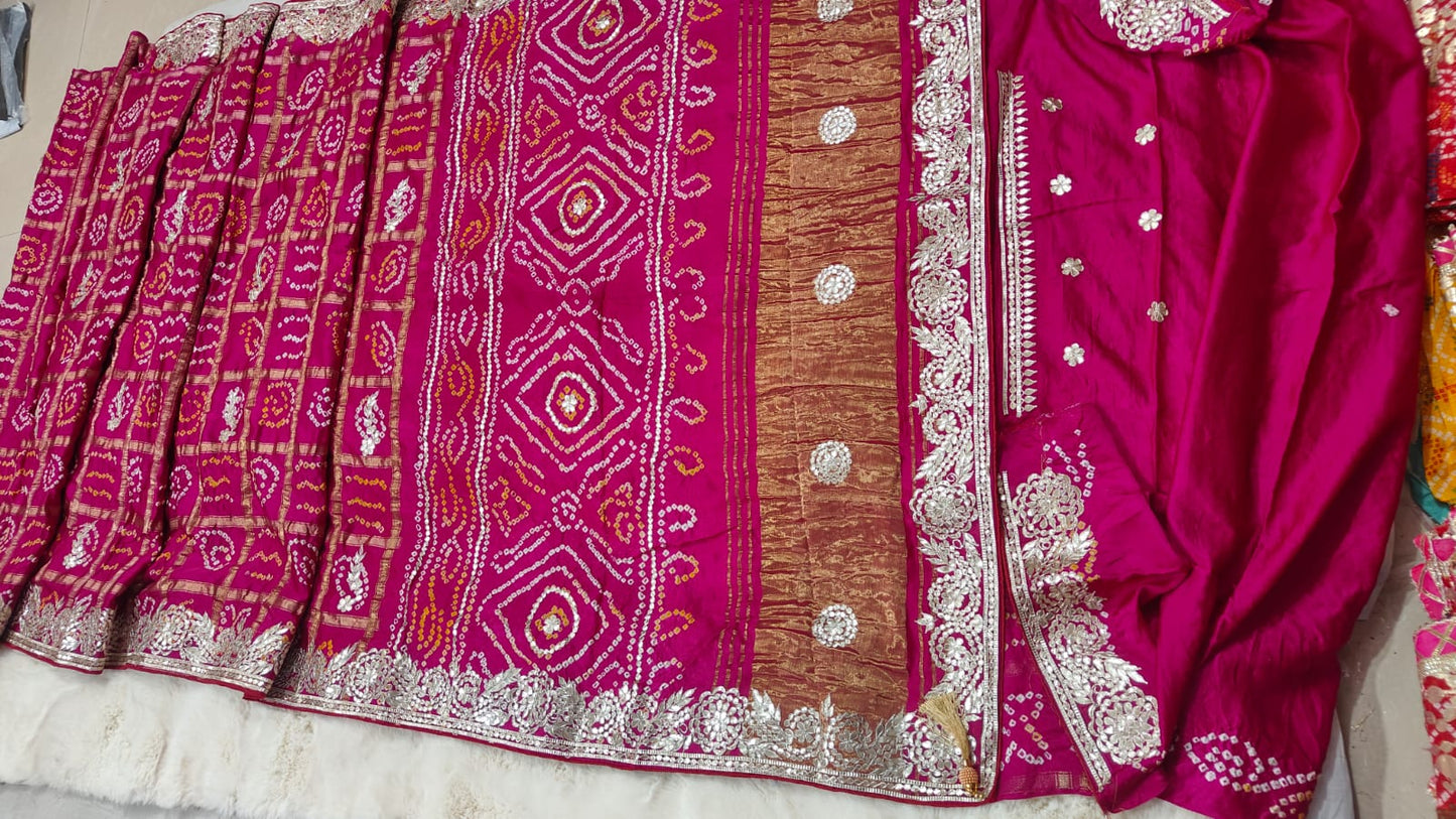 Pure Modal Gajji Silk Bandhej Saree with Heavy Zero Gota Patti Handwork