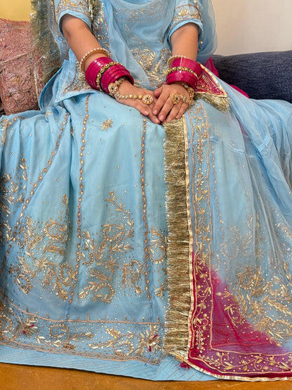 Sky Neel Natural Fabric Zardozi & Dabka Handwork Rajasthani Designer Poshak