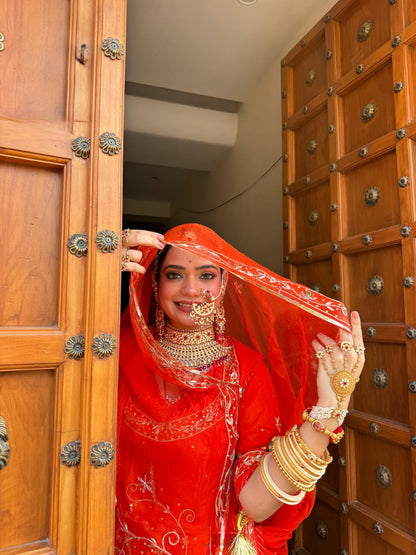 Bridal Zardozi Kundan Rajputi Poshak – Pure Hamrahi Odhni with Hand Dabka & Aari Work