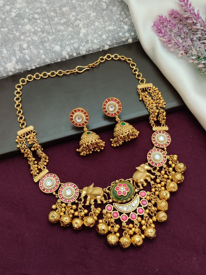 Elegant Partywear Gold Necklace Set with Designer Jhumka Earrings