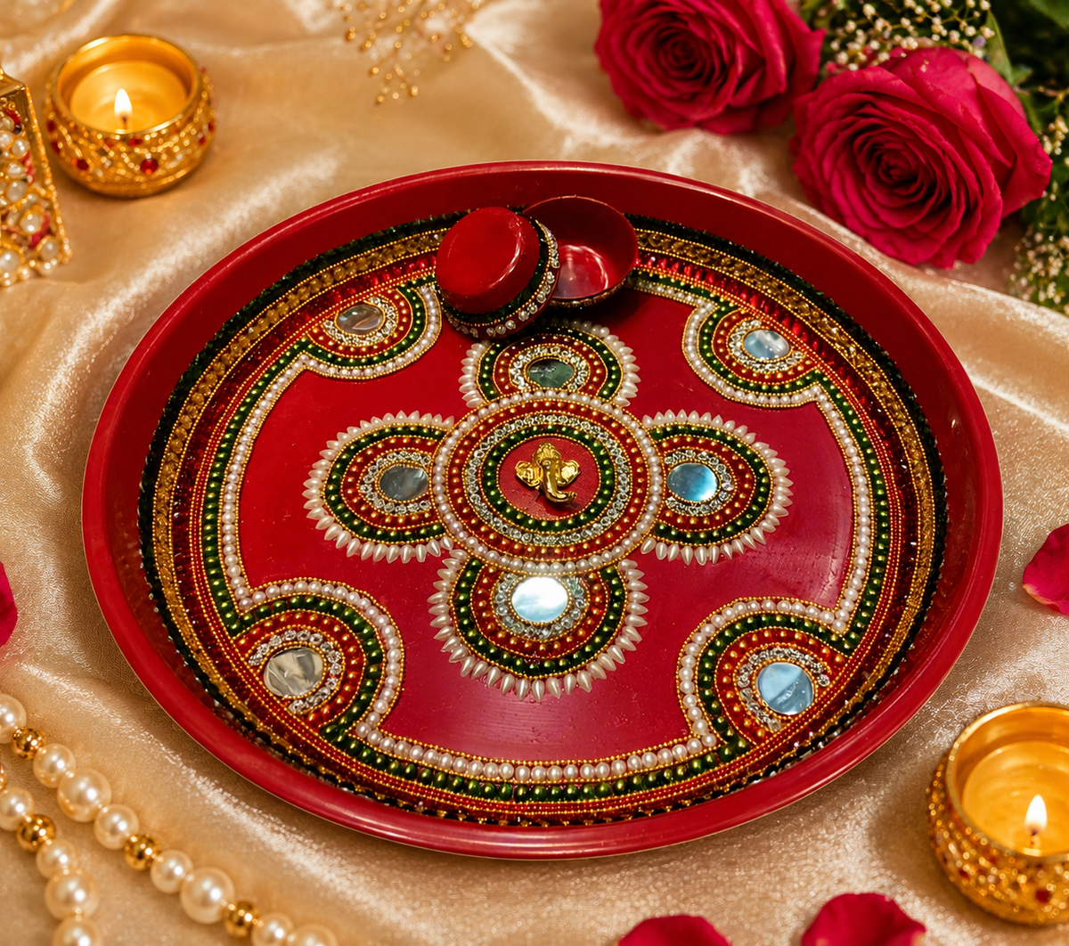 Tyohar special Ganpati Design Colour full Stone Handwork Puja Thali with 2 Bowls | 15 Inch Decorative Pooja Plate