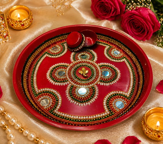 Tyohar special Ganpati Design Colour full Stone Handwork Puja Thali with 2 Bowls | 15 Inch Decorative Pooja Plate