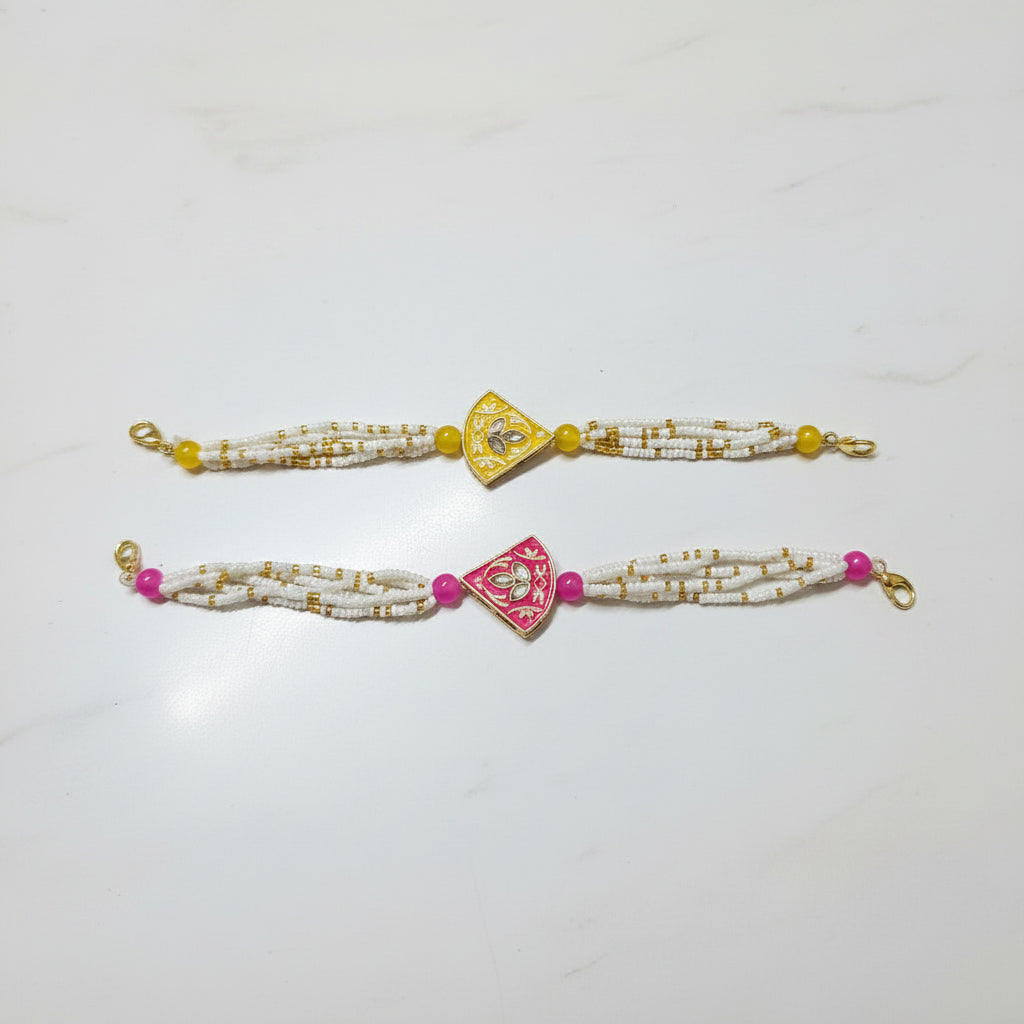 Moti Meenakari Bracelet Rakhi pack of 1   Color Yellow Pink