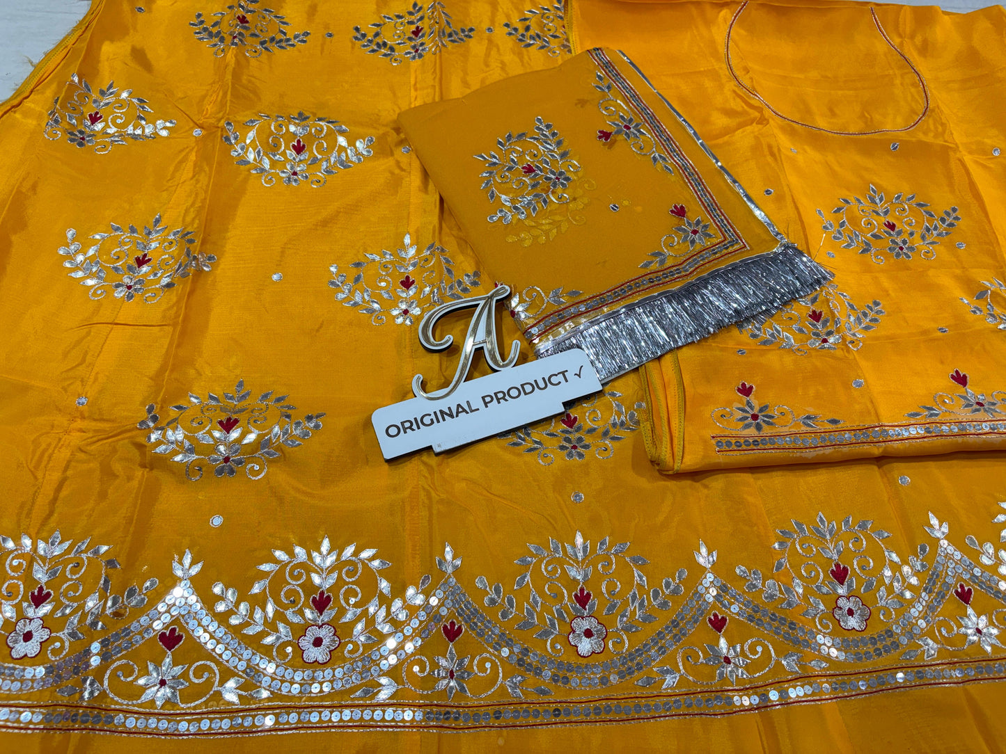 Upada Crepe Thakurji Rajputi Poshak – Pure Odhani with Aari & Silver Gota Patti Handwork (Unstitched)