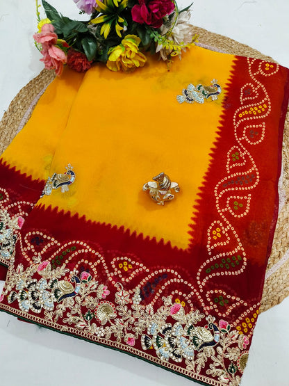 Traditional Handwork Chunri Pilla – Bandhani Georgette Saree with Heavy Embroidery Border