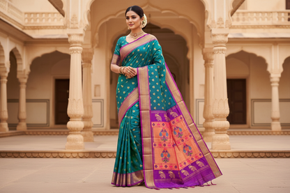 Pure Silk Paithani Saree with Maharani Pallu & Meenakari Buti – Kalanjali Collection