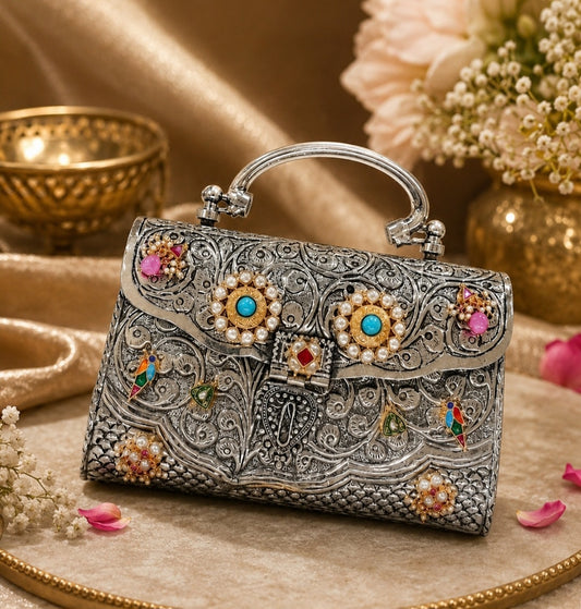 Handcrafted Silver Antique Clutch Bag with Pearl & Meena Work | Luxury Wedding Clutch for Women