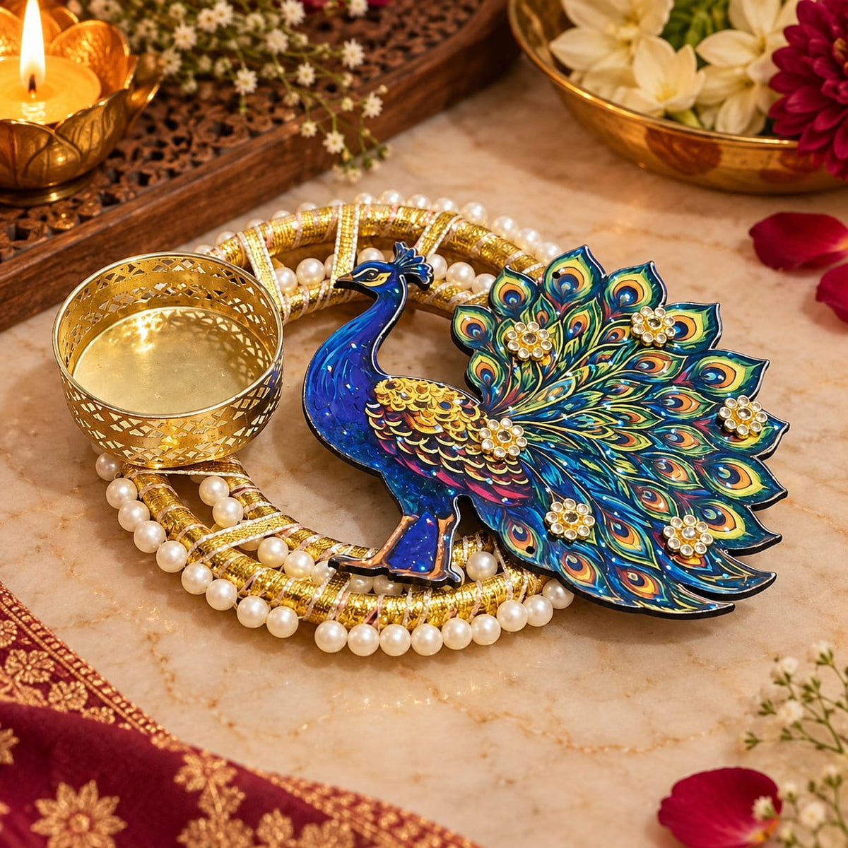 Golden Moti Ring Peacock Tealight Holder