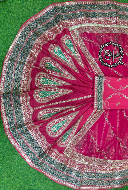Designer 4 MTR Gher Crepe Silk Rajputi Poshak with Pure Humrahi Odhni & Vintage Zari Velvet Patch Work