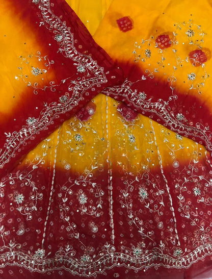 Traditional Rajasthani Piliya Poshak – Pure Humrahi Bandhej with Aari Taari Pitta Work & Gota Kiran