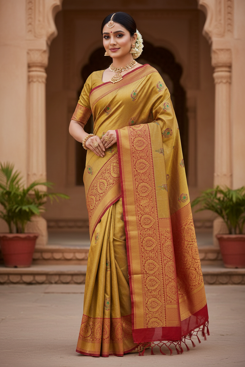 Semi Kanchipuram Tissue Silk Saree with Golden Work & Big Border | Elegant Wedding & Festive Wear Saree