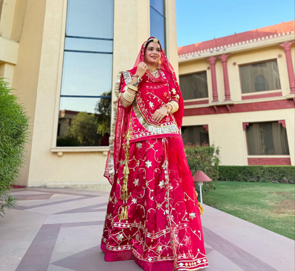 Cherry Rani Colour Rajputi Poshak – Satin Fabric with Pure Humrahi Odhna, Gota Patti & Silver Work