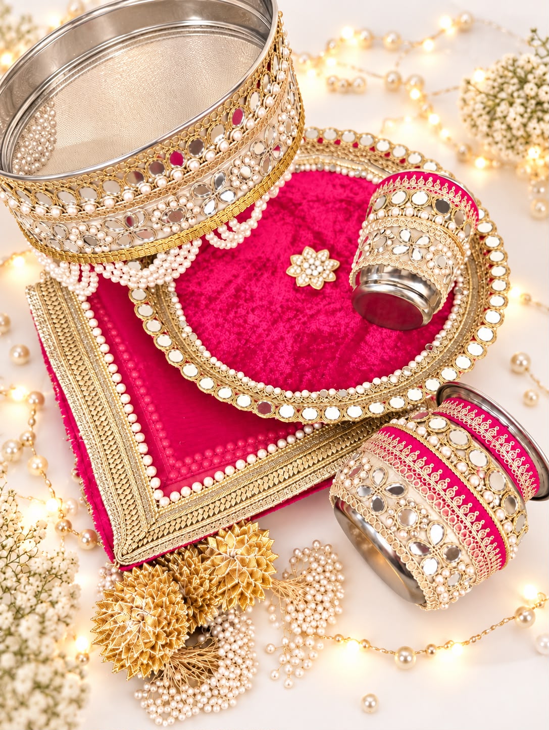Beautiful Handwork Traditional Karwa Chauth Pooja Thali set with Thali Cover
