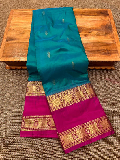 Kanjivaram Pure Silk Paithani Saree – Traditional Zari Border with Shoulder Butti & Contrast Blouse