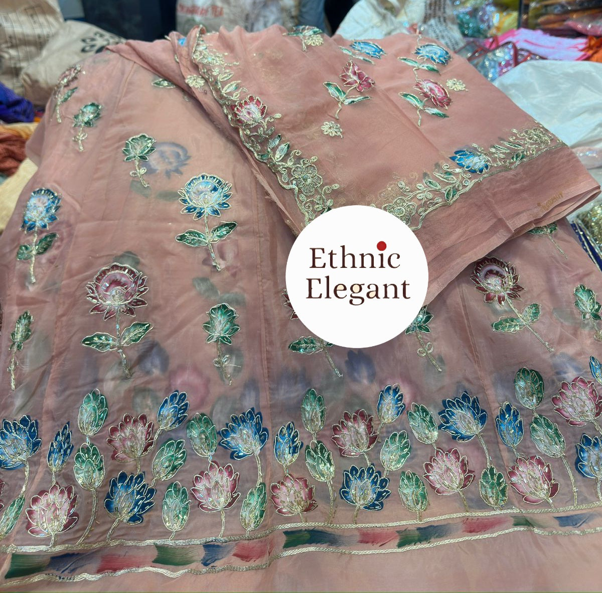 Tissue silk fabric thakurji pure odhna beautiful Peacock hand painting taara work elegant poshak