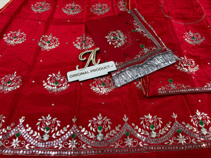 Upada Crepe Thakurji Rajputi Poshak – Pure Odhani with Aari & Silver Gota Patti Handwork (Unstitched)