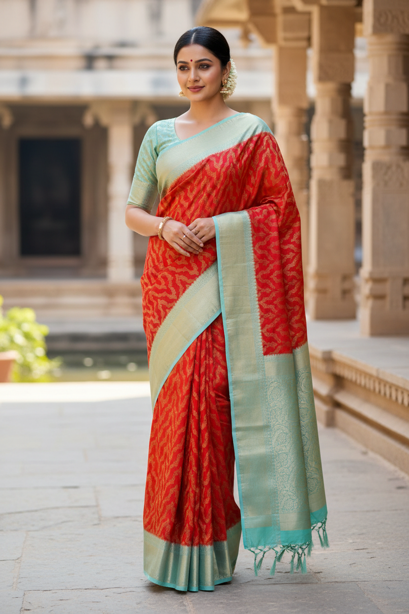 Red & Rama Green Semi Kanchipuram Silk Saree – Handwoven Traditional Saree