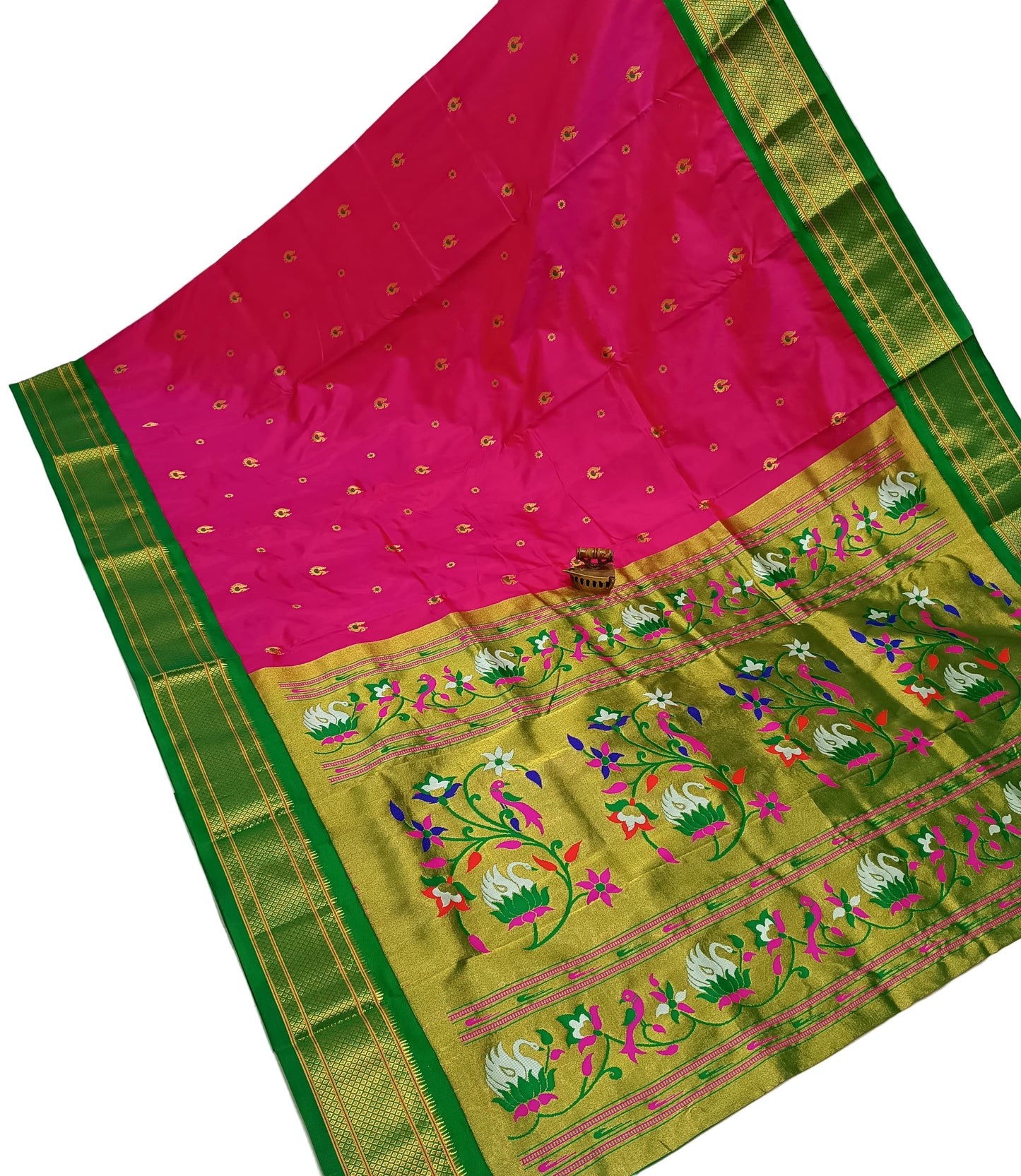 Majestic Karnful Peacock Kadiyal Pure Silk Paithani Saree | Luxury Designer Paithani