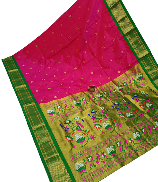 Majestic Karnful Peacock Kadiyal Pure Silk Paithani Saree | Luxury Designer Paithani