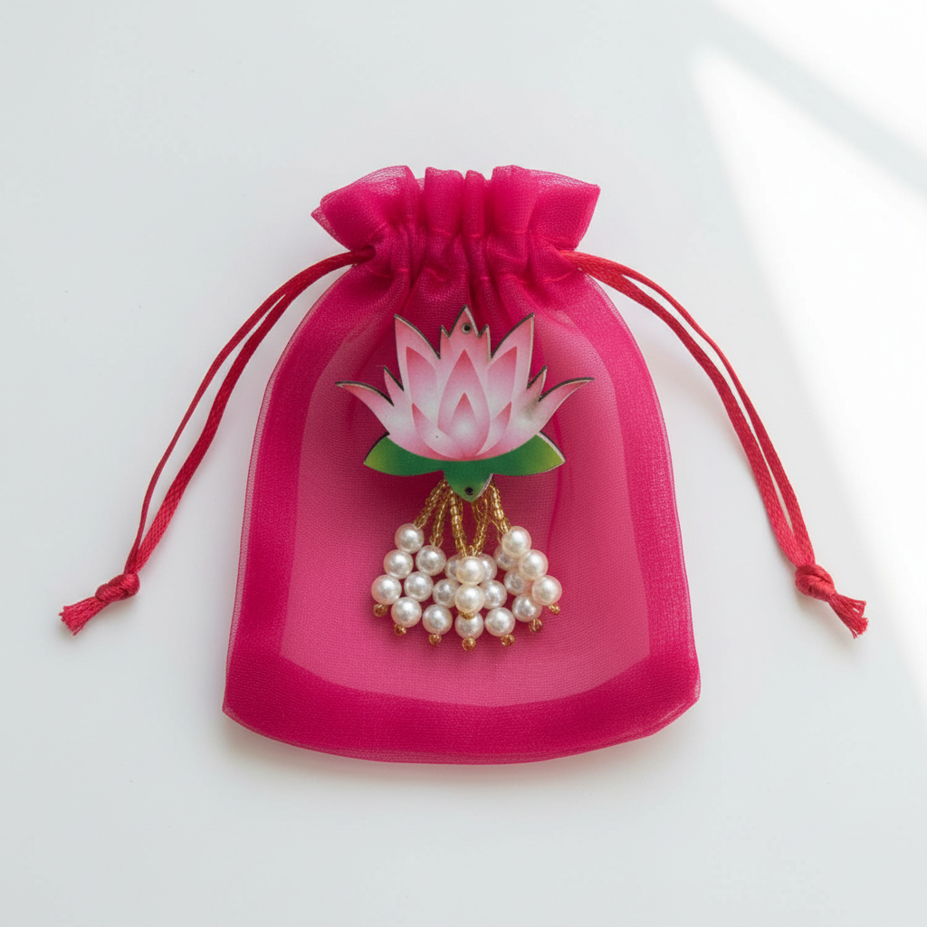 Premium Organza Coin Potli with Lotus Pearl Latkan – Pack of 20 Wedding Favor Bags