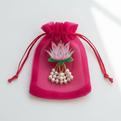 Premium Organza Coin Potli with Lotus Pearl Latkan – Pack of 20 Wedding Favor Bags