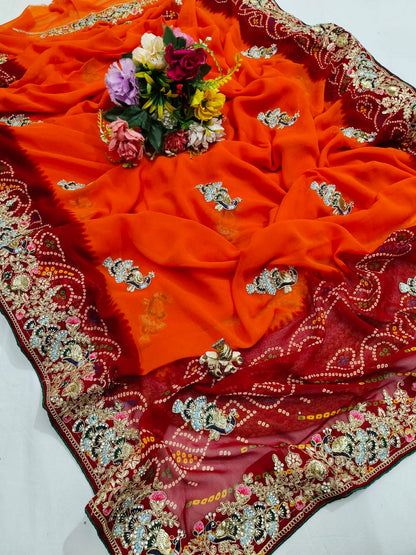 Traditional Handwork Chunri Pilla – Bandhani Georgette Saree with Heavy Embroidery Border