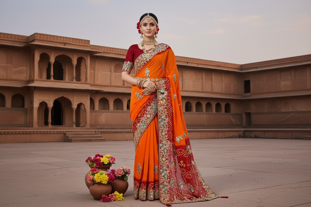 Traditional Handwork Chunri Pilla – Bandhani Georgette Saree with Heavy Embroidery Border