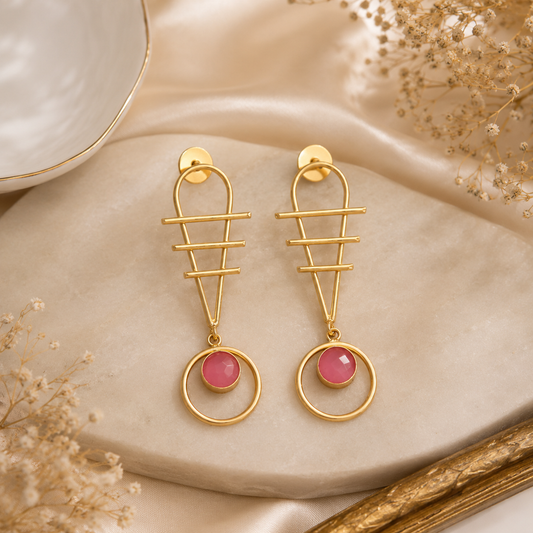 Geometric Gold Earrings with pink Stone Drop – Minimal Indo-Western Statement Jewelry