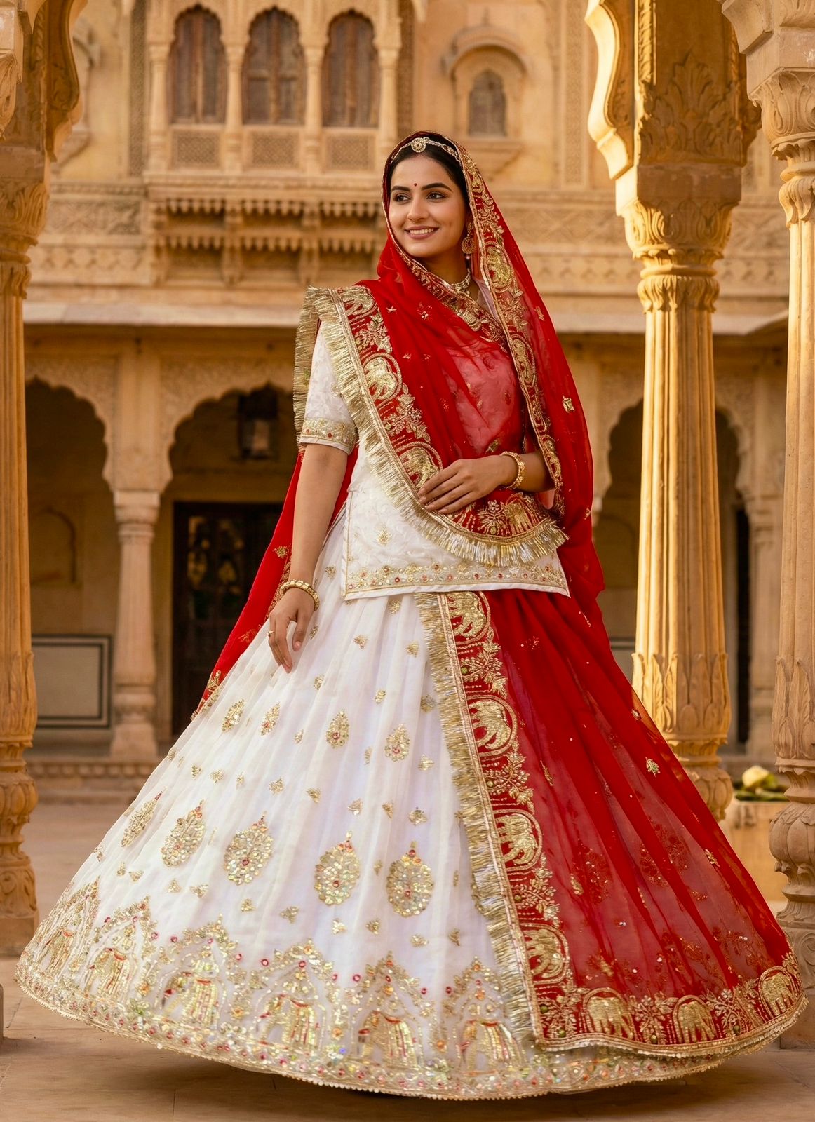 Designer Ivory Rajputi Poshak in Fendi Silk | Bridal Lehenga with Odhani (Unstitched)