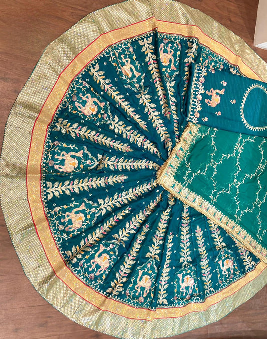 Designer Royal Rajputi Poshak Set | Fancy FENDI Fabric & Humrahi Pure Odhani | Copper Sequence & Figure Pattern Work