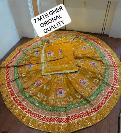 Royal Rajwadi 7 MTR Gher Designer Lehenga Poshak – Premium Georgette with Heavy Odhani & Gotta Work