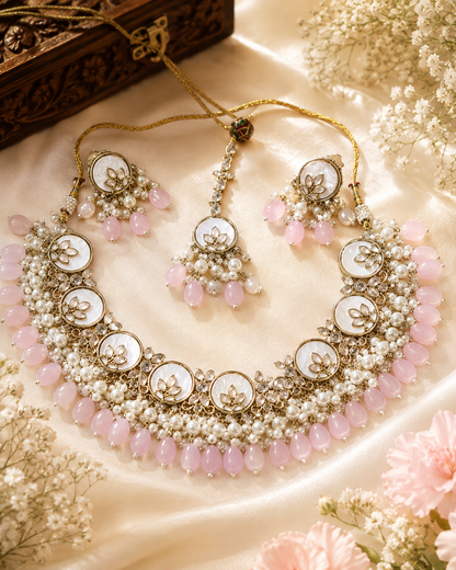 Kundan Choker Necklace Set with Pink Beads – Royal Bridal & Festive Statement Jewelry Set