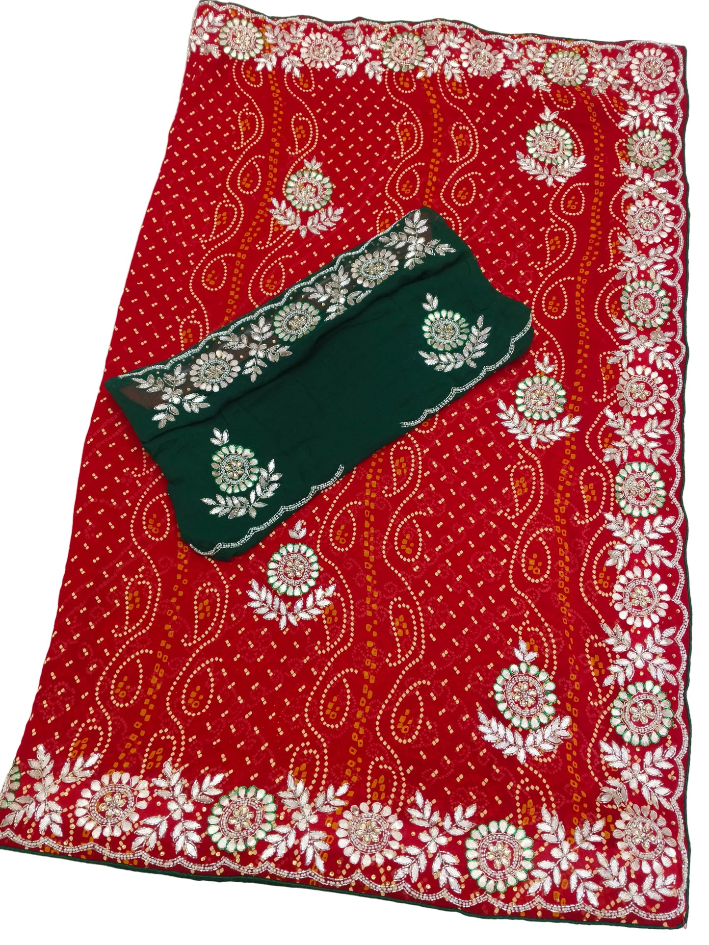 Rajasthani Jamnagri Chunri Saree – Resham, Dabka, Cutdana & Gota Patti Handwork