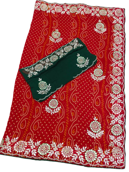Rajasthani Jamnagri Chunri Saree – Resham, Dabka, Cutdana & Gota Patti Handwork