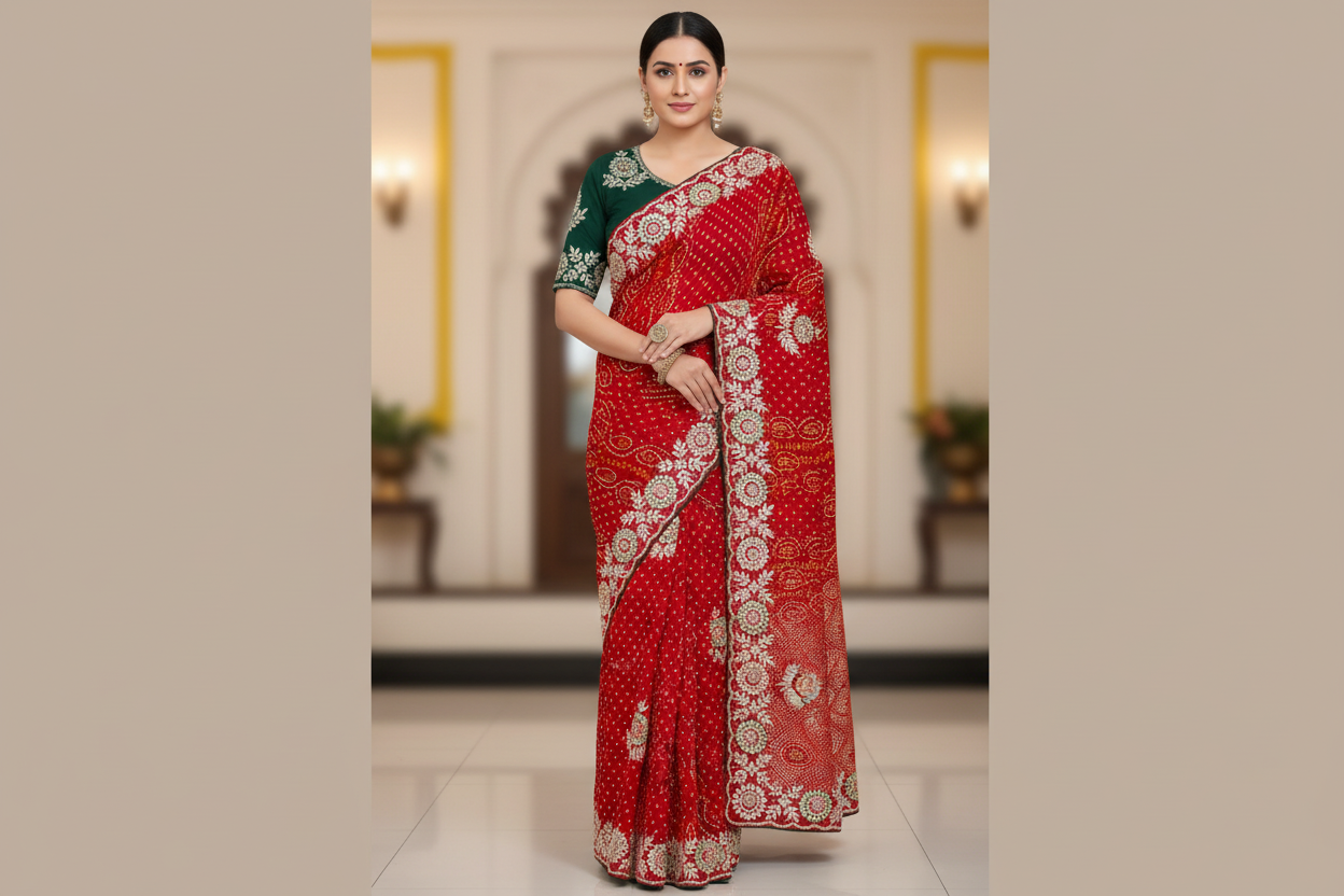 Rajasthani Jamnagri Chunri Saree – Resham, Dabka, Cutdana & Gota Patti Handwork