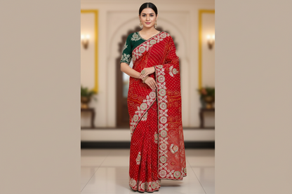 Rajasthani Jamnagri Chunri Saree – Resham, Dabka, Cutdana & Gota Patti Handwork